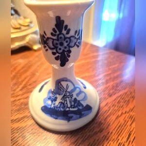 Vintage Delft Blue and White Floral Windmill Candle Holder Handpainted